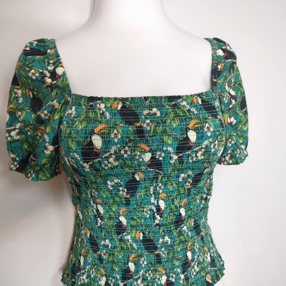 Dolan Left Coast Green Smocked Puffy Sleeve Tropical Print Summer Top - Picture 4 of 11